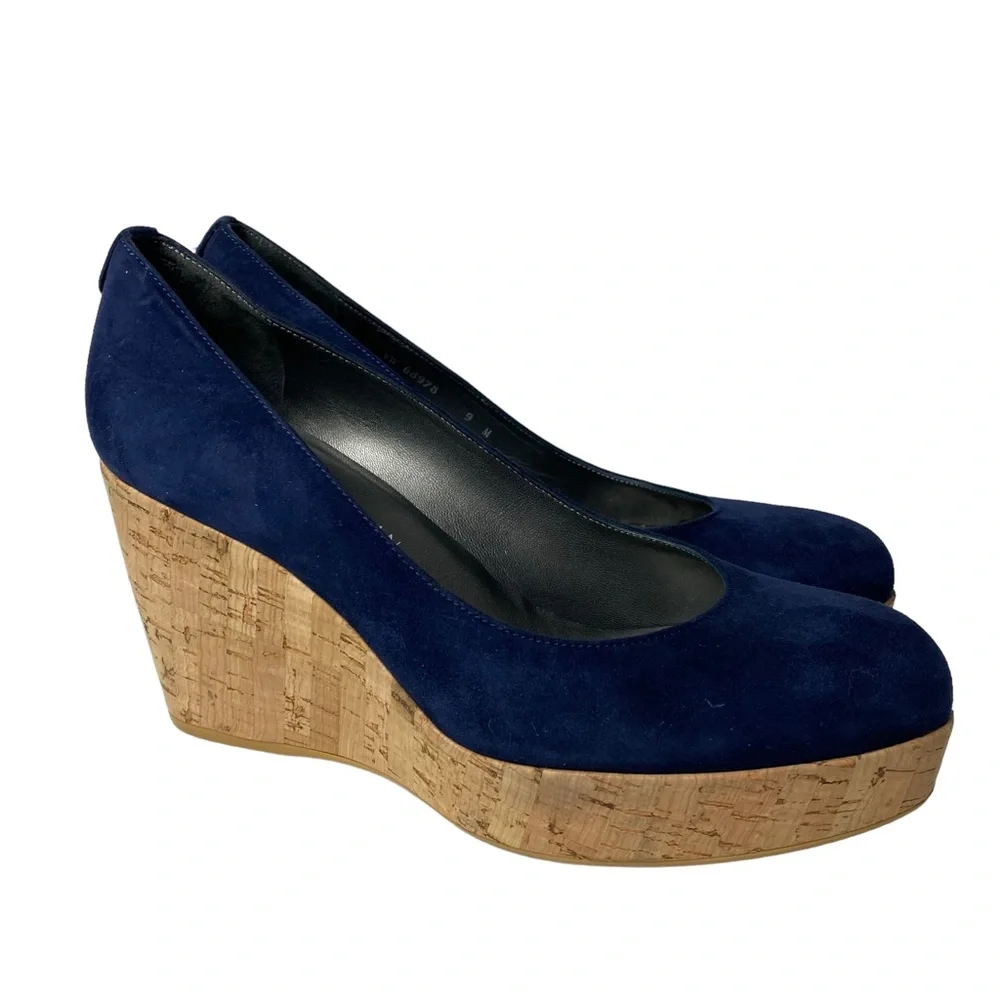 Stuart Weitzman Navy Suede Cork Wedge Pumps - Picture 4 of 11